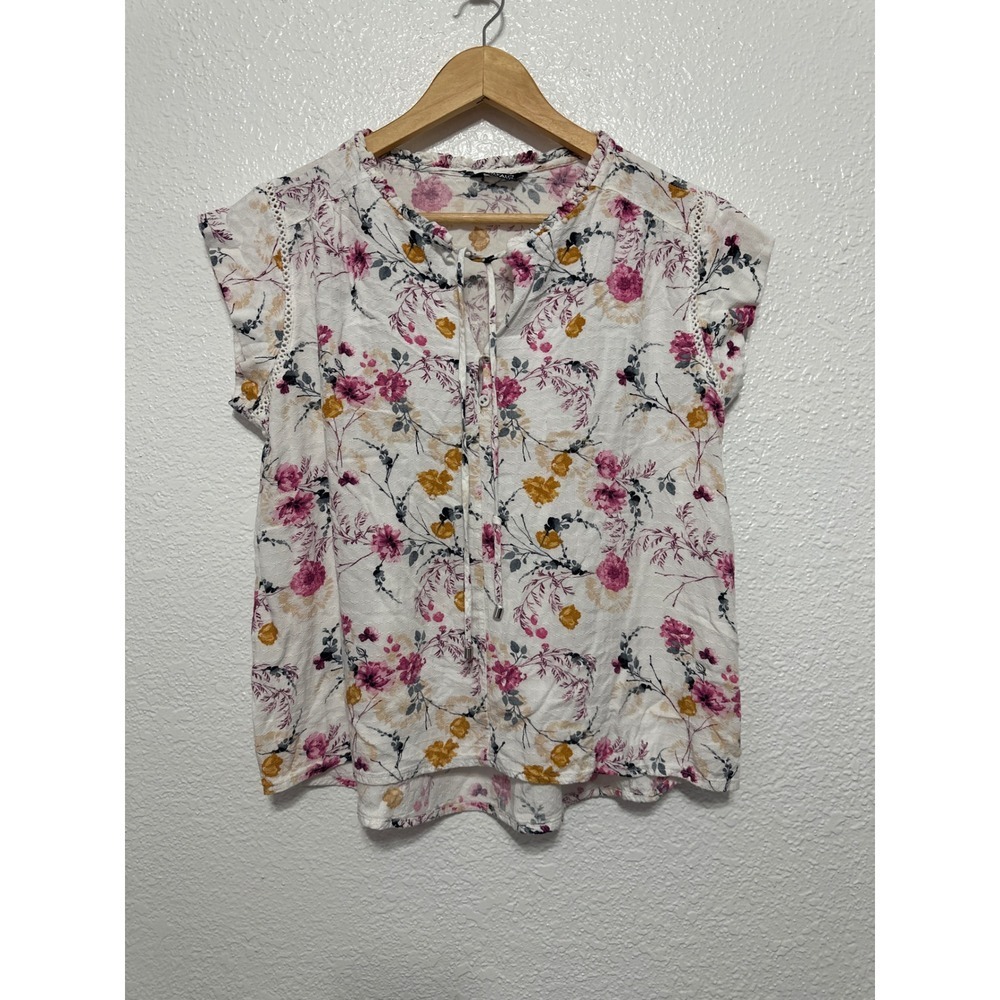 Buffalo David Bitton Women Floral Print Blouse Top Short Sleeve Tie Neck Size S